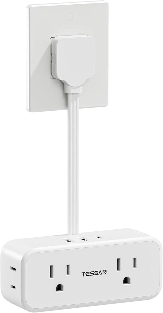 Small Extension Cord 6 inch, TESSAN Thin Flat Plug Power Strip with 4 AC Outlets 3 USB (1 USB C) Ports, Silm Charging Station Desk Organizers for Home Bedroom Hotel Office Desktop Accessories