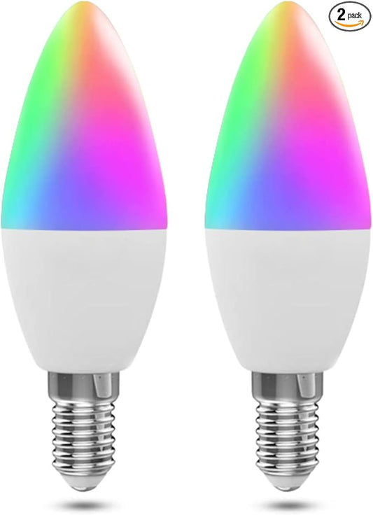 Candelabra Smart Light Bulbs 60W Equivalent, 450LM 5W E14 LED Bulb Compatible with Alexa/Google Home, RGBCW 16 Million Color Changing Light Candle Bulb, No Hub Required, 2.4G WiFi(2Pack)