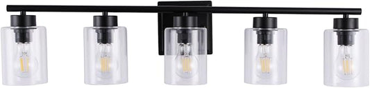 5 Light Bathroom Light Fixtures, 33.3 Inches Bathroom Lighting Fixtures Over Mirror, Black Vanity Light with Clear Glass Shades
