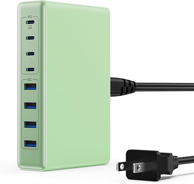 200W USB C Charger Block,8-Ports GaN III Fast Charging Station Hub,QC4.0+PD 65W Laptop Charger Wall Chargers Power Adapter for MacBook Pro/Air,DELL,Steam Desk,iPhone 16/15,iPad,Galaxy S25,Pixel-Green