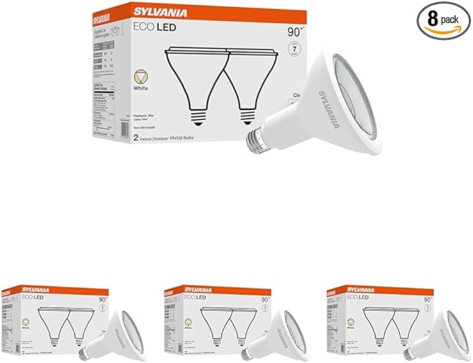 Sylvania ECO LED PAR38 Light Bulb, 90W : 14W, 7 Year, Non-Dimmable, 1000 Lumens, Clear, 3000K, White – 8 Pack (40881)