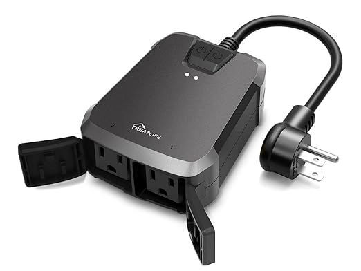 TREATLIFE 2 in 1 Outdoor Smart Dimmer Plug, 2 Individual Control Sockets, 600W, Compatible with Alexa, Google Home, IP64 for Outdoor String Lights, Dusk to Dawn, 2.4GHz WiFi Only