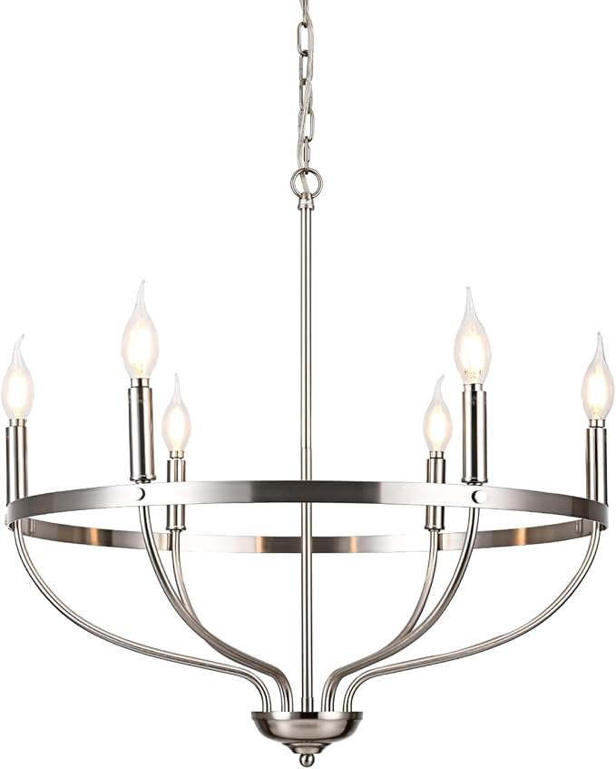 6-Light Brushed Nickel Chandelier Modern Candle Chandeliers Light Fixture Sputnik Pendant Light Adjustable Hanging Light Over Table for Dining Room Kitchen Island Bedroom E12