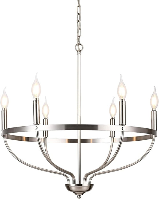 6-Light Brushed Nickel Chandelier Modern Candle Chandeliers Light Fixture Sputnik Pendant Light Adjustable Hanging Light Over Table for Dining Room Kitchen Island Bedroom E12