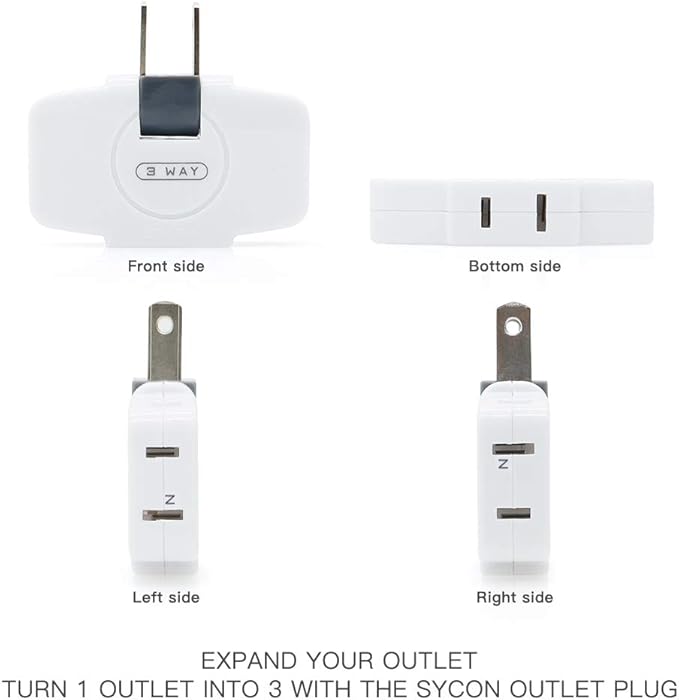 SYCON Outlet Wall Adapter, 2-Prong Swivel Ungrounded Indoor AC Mini Plug Wall Tap-White (3 Way-2 Pack)