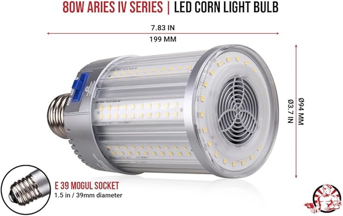 RuggedGrade Aries IV Series 80W LED Corn Light Bulb | 11,600 Lumens | 5000K | E39 Base | 277-480V High Voltage | Energy Efficient LED Light | DLC 5.1 Premium