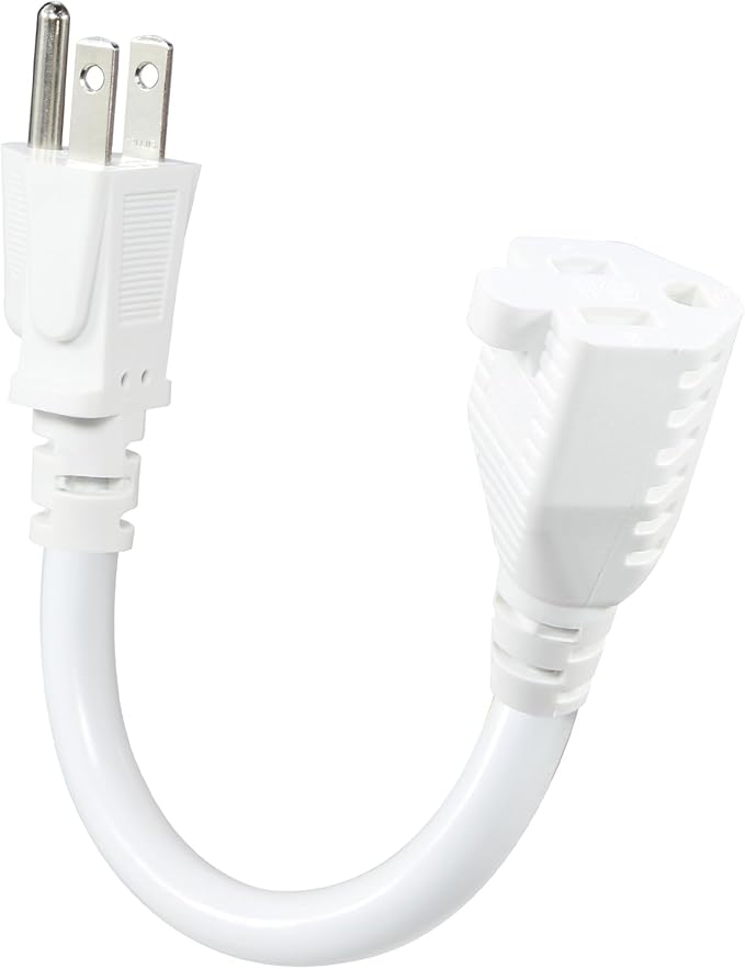 KUNCAN Short Power Extension Cord - 15A 6 Inch 3 Prong Outlet Saver, 1875W 14AWG/3C SJTW Heavy Duty Power Cord Extension Cable (NEMA 5-15P to NEMA 5-15R) Indoor/Outdoor Use, White 1-Pack