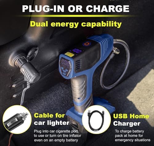 Bullseye Pro Tire Inflator Portable Air Compressor, Car Tire Inflator Portable, Portable Air Pump for Car Tires - 150PSI, 12V DC 1500 mAhs with Tire Pressure Gauge, Rechargeable As Seen On TV(Blue)