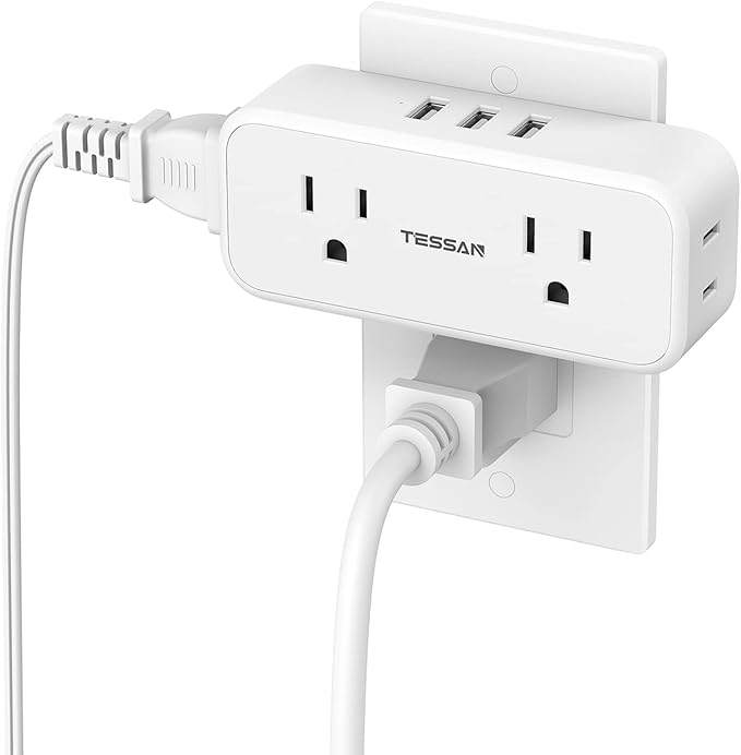 Multi Plug Outlet Splitter with USB, TESSAN 4 Electrical Multiple Outlet Extender with 3 USB Ports, Mini Double Plug Expander Surge Protector for Home, Office, Kitchen, Dorm Essentials, White