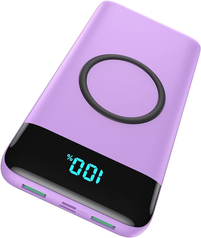 Wireless Portable Charger 30,800mAh 15W Wireless Charging 25W PD QC4.0 Fast Charging Smart LED Display USB-C Power Bank,4 Output& 2 Input External Battery Pack Compatible with iPhone, Samsung -Purple