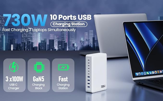 730W USB C Charger Block,10-Ports GaN V Fast Charging Station Hub,QC4.0+Three PD 100W Laptop Charger Wall Power Adapter for MacBook Pro/Air,DELL,iPhone 16/15/14,iPad,Galaxy S25,Pixel,Steam Desk etc