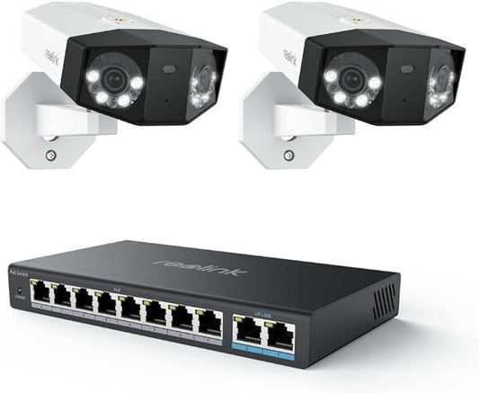 REOLINK Duo 3 PoE Bundle PoE Switch, One Cable Offer Both Power and Data, 16MP UHD Dual-Lens, 180° Panoramic View, Motion Track, F1.6 Color Night Vision Security Camera System