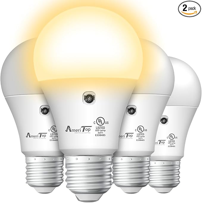 AmeriTop Dusk to Dawn Light Bulb- 4 Pack, A19 LED Sensor Light Bulbs; UL Listed, Automatic On/Off, 800 Lumen, 10W(60 Watt Equivalent), E26 Base, Indoor/Outdoor Lighting Bulb (3000K Warm White)