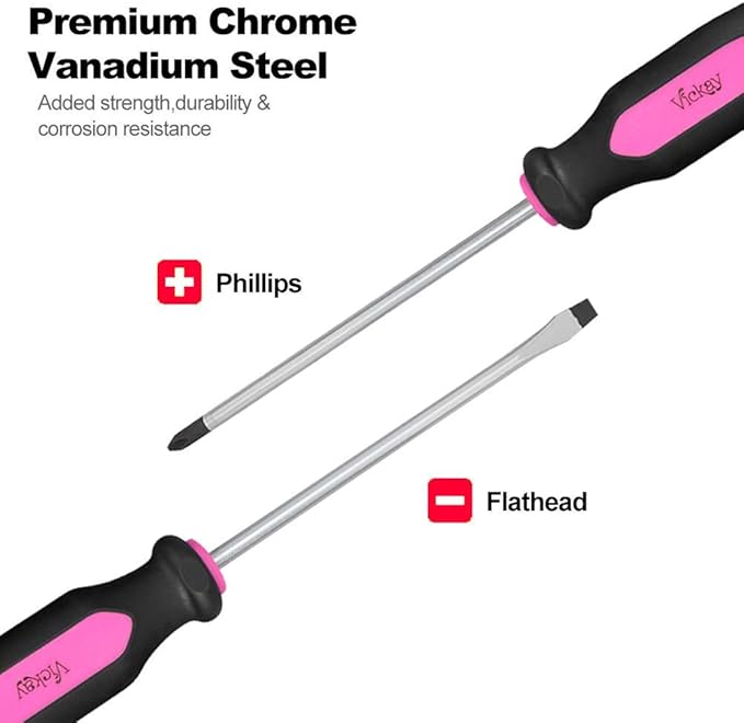 Vickay Magnetic Screwdrivers Set, 6 Pieces Slotted & Phillips Screwdriver with Permanent Magnetic Tips, Ergonomic Comfortable Handle,Rust Resistant Heavy Duty DIY Hand Tool Kit - Pink