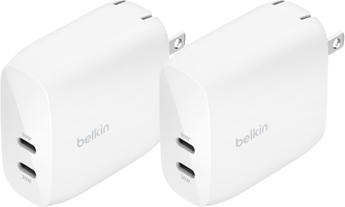 Belkin Dual USB C Charger Block 60W (2 Pack) w/PPS Super Fast Charging - Samsung Galaxy S25, Apple iPhone 16, iPad, Google Pixel, Nintendo Switch 2 - White