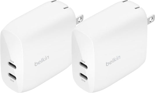 Belkin Dual USB C Charger Block 60W (2 Pack) w/PPS Super Fast Charging - Samsung Galaxy S25, Apple iPhone 16, iPad, Google Pixel, Nintendo Switch 2 - White