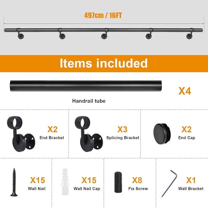 16Ft Industrial Metal Stairs Handrail Kit, Sturdy Wall Mount Aluminum Hand Rail, Indoor Outdoor Stair Railing Wood Concrete Brick Wall,1.5 in Round Pipe Grab Bar, Matte Black-16FT