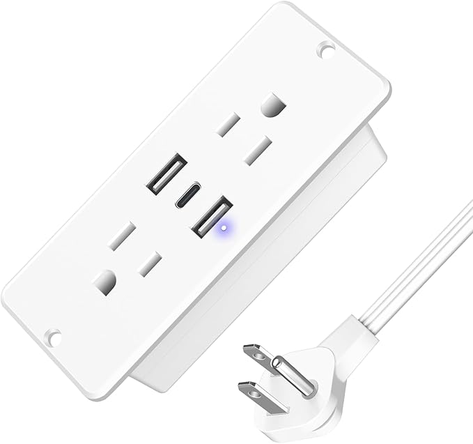 HHSOET 5 in 1 Recessed Power Strip Flat Plug, 20W Fast Charging Furniture Outlet with USB, Conference Recessed Socket with 2 AC Plugs, 2 USB Ports 1 USB-C, 6ft Power Cord. (White)