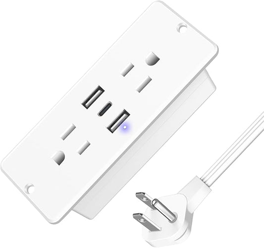 HHSOET 5 in 1 Recessed Power Strip Flat Plug, 20W Fast Charging Furniture Outlet with USB, Conference Recessed Socket with 2 AC Plugs, 2 USB Ports 1 USB-C, 6ft Power Cord. (White)
