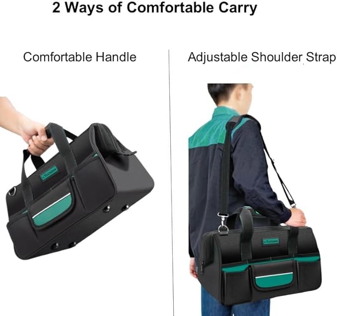 Tool Bag Heavy Duty 16.5-Inch with 16 Pockets Portable Handle Adjustable Shoulder Strap Waterproof Wide Mouth Tools Storage Organizer Carry Tote Box for Craftsman Electrician Mechanic (15-Inch)
