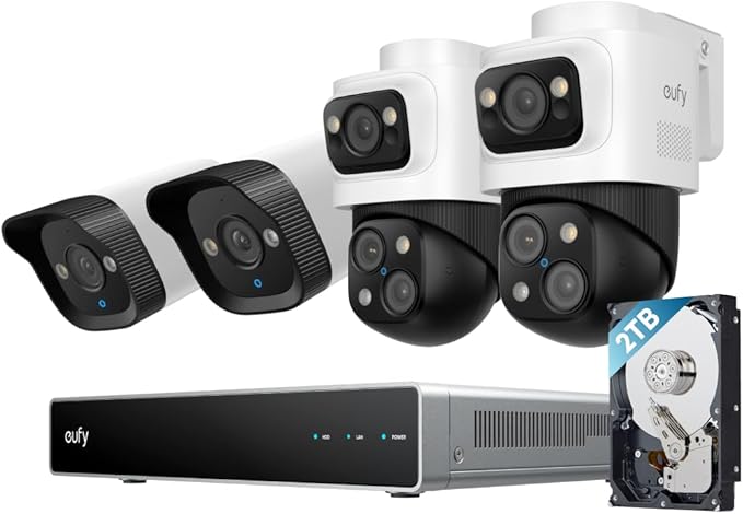 eufy PoE NVR Security Camera System S4, 24/7 Recording,16CH, 2TB HDD, 2 Bullet-PTZ Cams, 2 Bullet Cams, 360° PTZ, AI Auto Framing & Tracking, Smart Video Search, Color Night Vision
