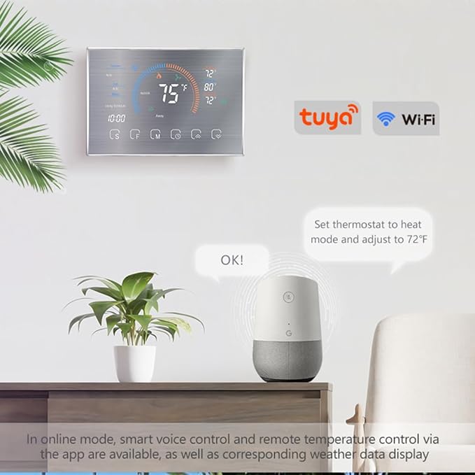 WiFi Smart Heat Pump Room Thermostat Temperature Controller 4.8 Inch Color LCD Screen Programmable Touch Control/Mobile APP/Voice Control Compatible with Alexa/Google Home