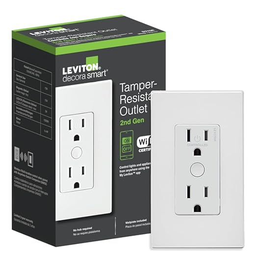 Leviton Decora Smart Outlet, Tamper-Resistant 15A, Wi-Fi 2nd Gen, Works with My Leviton, Alexa, Google Assistant, Apple Home/Siri & Wire-Free Companions for Switched Outlet, D215R-2RW, White