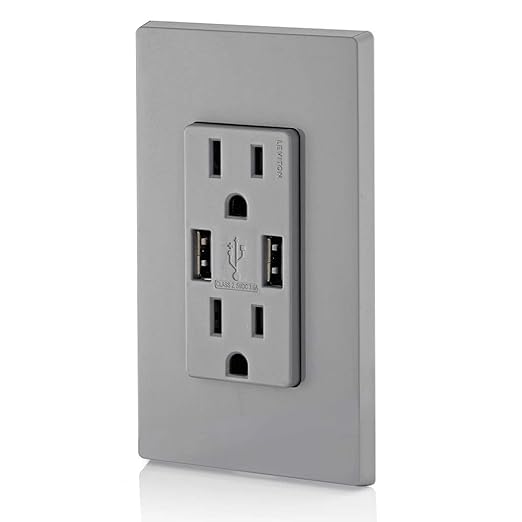Leviton T5632-G Type-A USB in-Wall Charger with 15A Tamper-Resistant Outlet, USB Charger for Smartphones, Gray