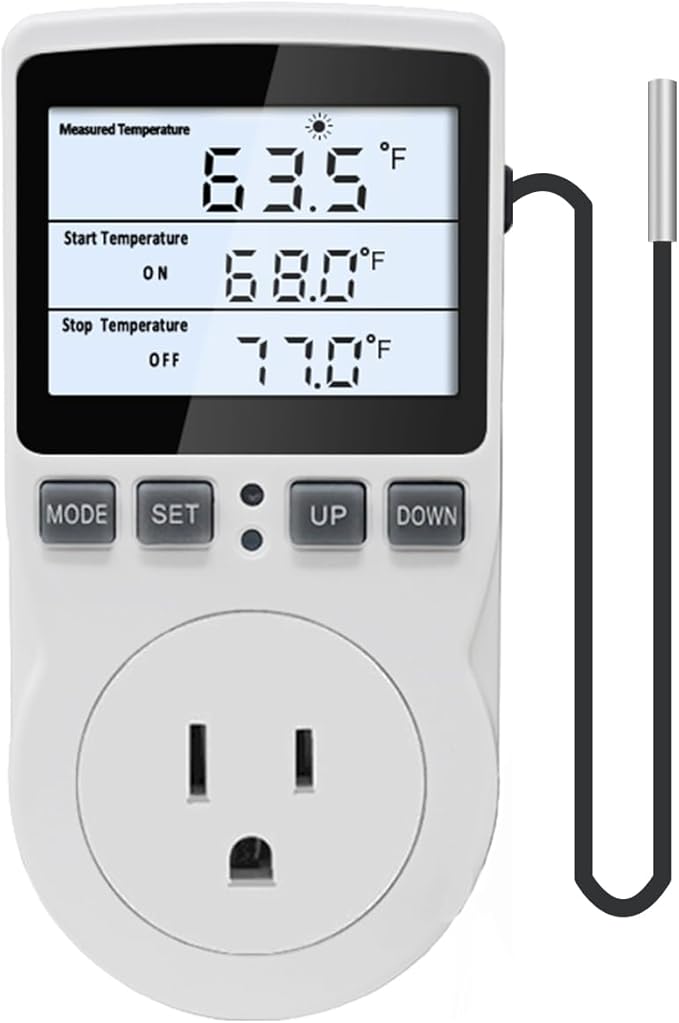 Digital Temperature Controller Thermostat Outlet Plug 120V with LCD Backlight, Heating Cooling Temperature Controlled Outlet 110V 15A with 3m Sensor
