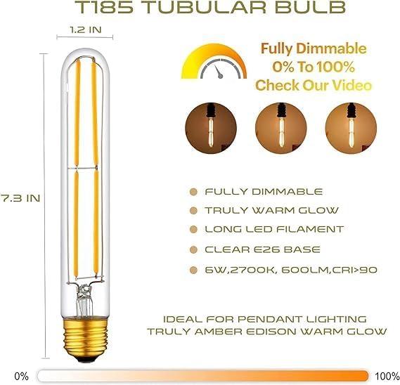 Long T10 LED Bulb, 7.3in Vintage Edison Dimmable Bulb 6W 2700K Warm White Tubular Bulbs, E26 Medium Base Clear 600LM 60W Equivalent for Cylinder Pendant Wall Sconces Chandelier Vanity 12Pack
