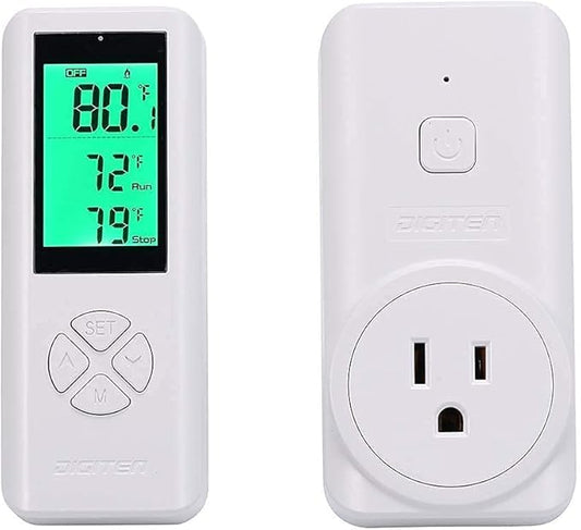 Wireless Temperature Controlled Outlet, Digital Plug in Thermostat Outlet with Remote Control Built in Temp Sensor Heating & Cooling for A/C, Fans, Heaters (Remote Control Detect Temperature)