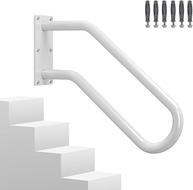 Hand Rails for Outdoor 1-2 Steps, Indoor Stairs, Bathroom, Wall Mount Non-Slip U-Shape Stair Hand Railing White 1 Pack