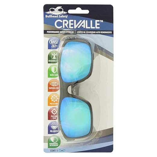 Bullhead Safety Crevalle Polarized Safety Glasses with Performance Fog Technology, Blue Light Glasses with UV Light Protection and Anti-Scratch Coating, Ice Blue Mirror Lenses, Matte Black Frame