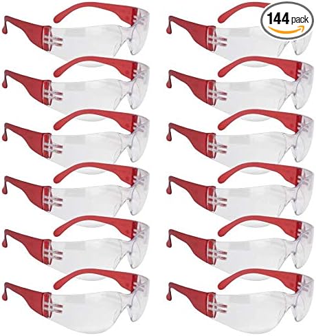 BISON LIFE Protective Safety Glasses, Clear Polycarbonate Impact and Ballistic Resistant Lens, RED (Case of 12 Boxes, 144 Pairs Total)