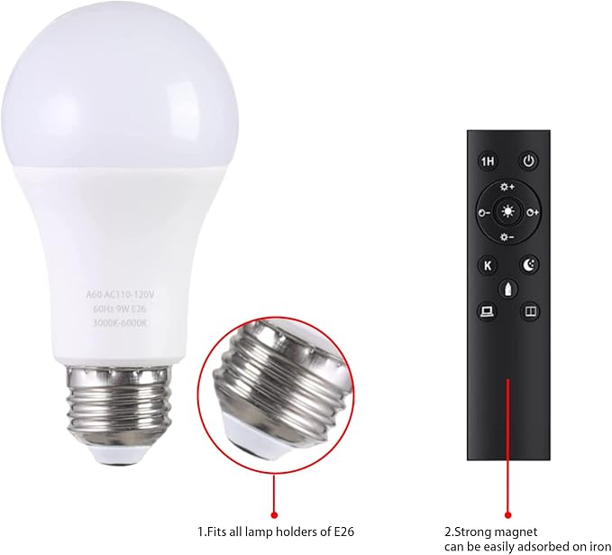 A19 LED Light Bulbs with Remote Control 1100LM 12W (80W Equivalent) LED Bulbs,Stepless Dimmable 3000K-6000K,E26 Base,CRI 80+,2.4GHz,Light Bulb for Home Decor,2Bulb&1Remote