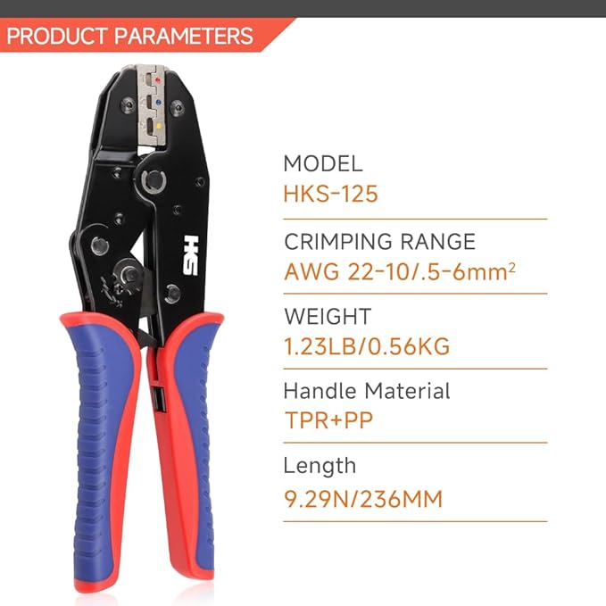 HKS Crimping Tool For Heat Shrink Connectors - Ratcheting Wire Crimpers - AWG 22-10 (0.5-6.0mm²) - Ratchet Terminal Crimper - Electrical Crimping Tool