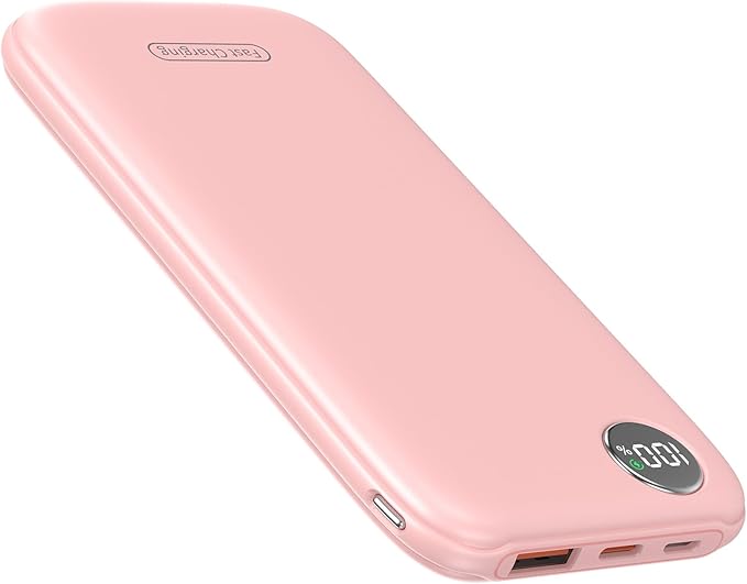 Powerbank Fast Charging Max 12V/4.5A, Ultra Slim Portable Charger USB C 10000mah, Travel Power Bank for iPhone 11 12 13 14 15 16 Samsung Android, DC Lightweight Battery Pack Phone Charger, Pink