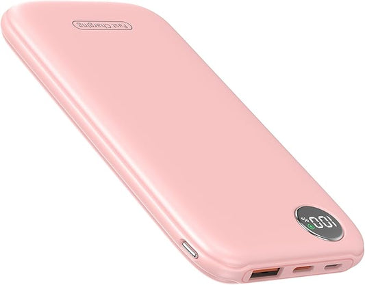 Powerbank Fast Charging Max 12V/4.5A, Ultra Slim Portable Charger USB C 10000mah, Travel Power Bank for iPhone 11 12 13 14 15 16 Samsung Android, DC Lightweight Battery Pack Phone Charger, Pink