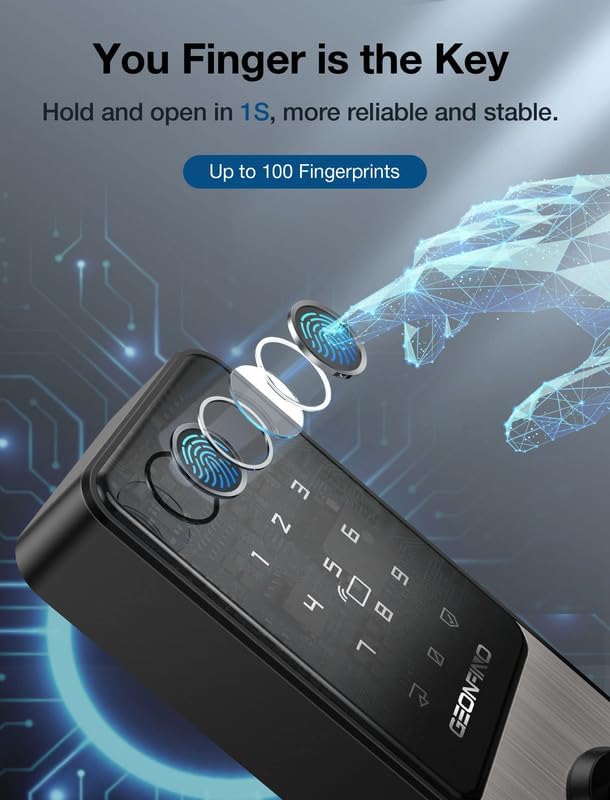 GEONFINO Smart Door Lock Keyless Entry Door Lock with Handle, Black Fingerprint Lock, Smart Deadbolt for Home, Apartment