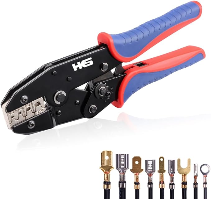 HKS Crimping Tool For Non-Insulated Open Barrel Terminals & Receptacles - Ratcheting Wire Crimpers - AWG 20-10 (0.5-6mm²) U-Shaped- Ratchet Terminal Crimper - Electrical Crimping Tool