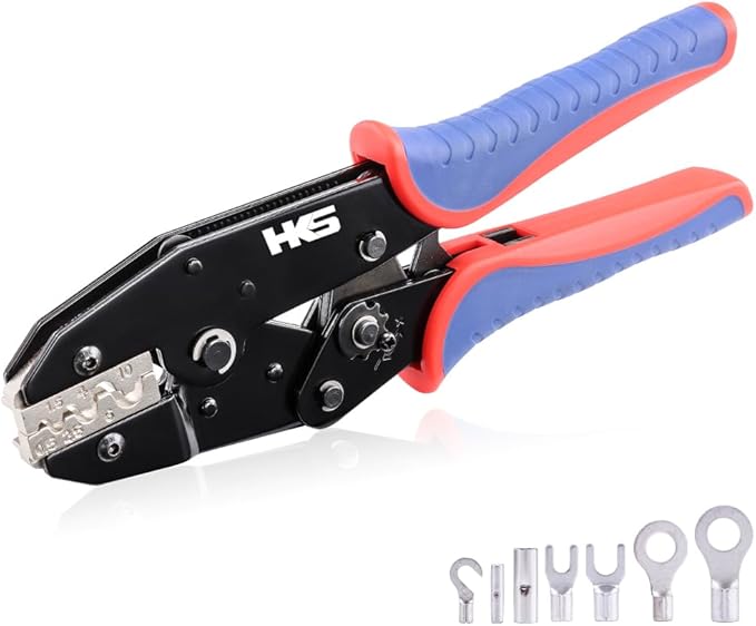 HKS Crimping Tool for Non-Insulated Terminals - Ratcheting Wire Crimpers for Butt, Fork, Ring, OT & UT - AWG 20-8 (0.5-10mm²) - Ratchet Terminal Crimper - Electrical Crimping Tool