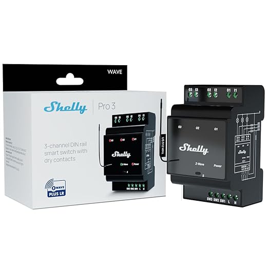 Shelly Wave Pro 3 US LR | Z-Wave Long Range 3-Channel Smart Relay Switch with Dry Contacts| DIN-Rail | Home Automation | High Compatibility | Easy Installation | iOS Android App