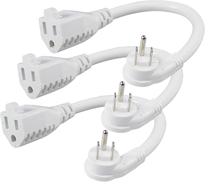 [3 Pack] Flat Wall Plug Short Power Extension Cord - 6inch Mini White Low Profile Flat Head Small Appliance Power Supply AC Cord, 1625W 16AWG Household 3 Prong Indoor Grounded Short Extension Cord