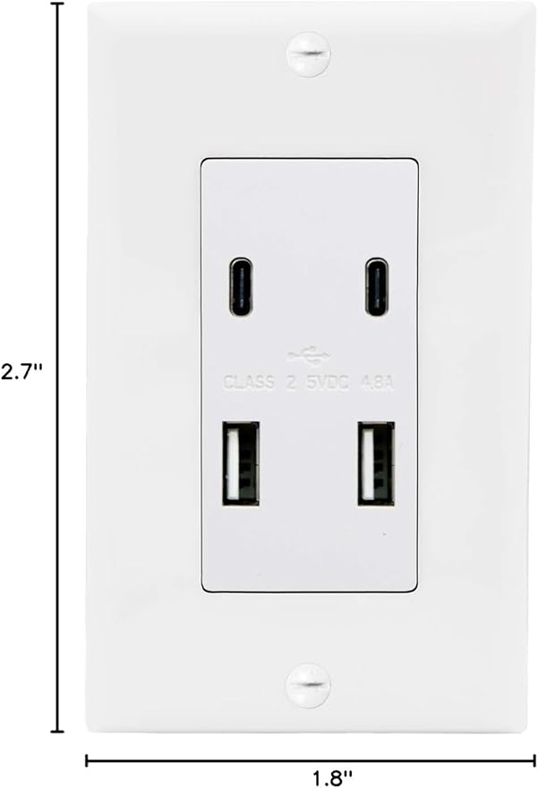 Maxxima USB Receptacle Outlet - 4.8A USB C/A High Speed 4 USB Wall Charging Ports, Vertical Multi-Plug Socket, Electrical AC Replacement, Outlet Wall Plate Included - White