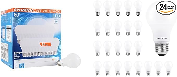 Sylvania LED Light Bulb 24 Pack, 60W Equivalent, 8000 Lumens, 5000K Daylight, Efficient 8.5W and 9W, 10 Year and 7 Year Life, Non-Dimmable, A19 Frosted Bulbs