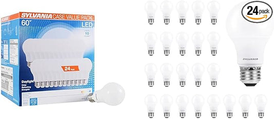 Sylvania LED Light Bulb 24 Pack, 60W Equivalent, 8000 Lumens, 5000K Daylight, Efficient 8.5W and 9W, 10 Year and 7 Year Life, Non-Dimmable, A19 Frosted Bulbs
