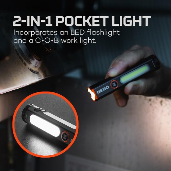NEBO Mini Larry 500 Pocket Flashlight | 500 Lumens, 2 Light Modes, Compact, Rechargeable COB Work Light & Mini Flashlight, Magnetic Base & Steel Clip, Waterproof, Includes USB-C Charging Cable