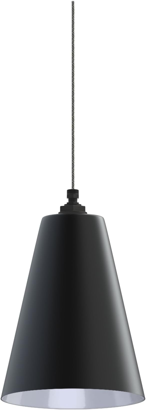 Steel Lighting Co. Laurel Pendant Light | Ceiling Mounted | 8.5 inch Cone Shade | Modern Contemporary Farmhouse Style Made in America | Gray Tweed Cloth Cord | Matte Black Exterior/White Interior