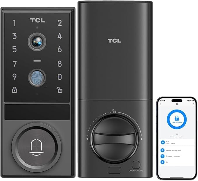 TCL Video Smart Lock D1 Max, 3-in-1 2K Camera+Doorbell+Fingerprint Door Lock, Built-in Wi-Fi Deadbolt for Front Door, Keyless Entry, Auto Lock, App Remote Control, Easy Installation