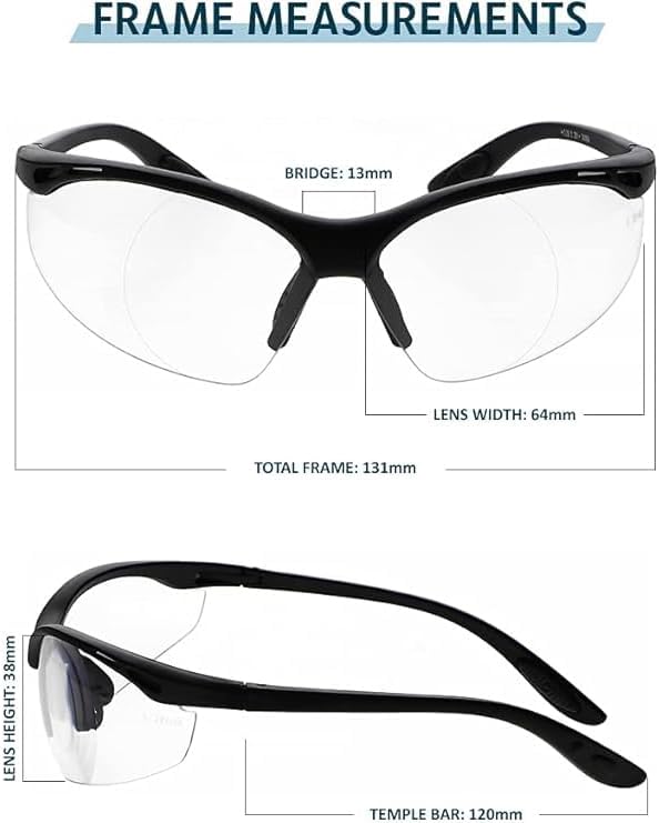 Safety Reading Glasses in Black Frame With Clear Lens - Full Lens Magnifying Safety Glasses - Comfortable Fit - Anti-Fog